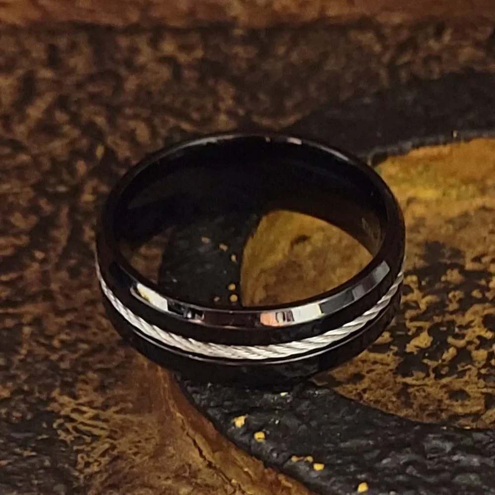 Personalized Engraved Men's Black Cable Inlay Promise Ring - Guys Promise Ring - Picture 6 of 8